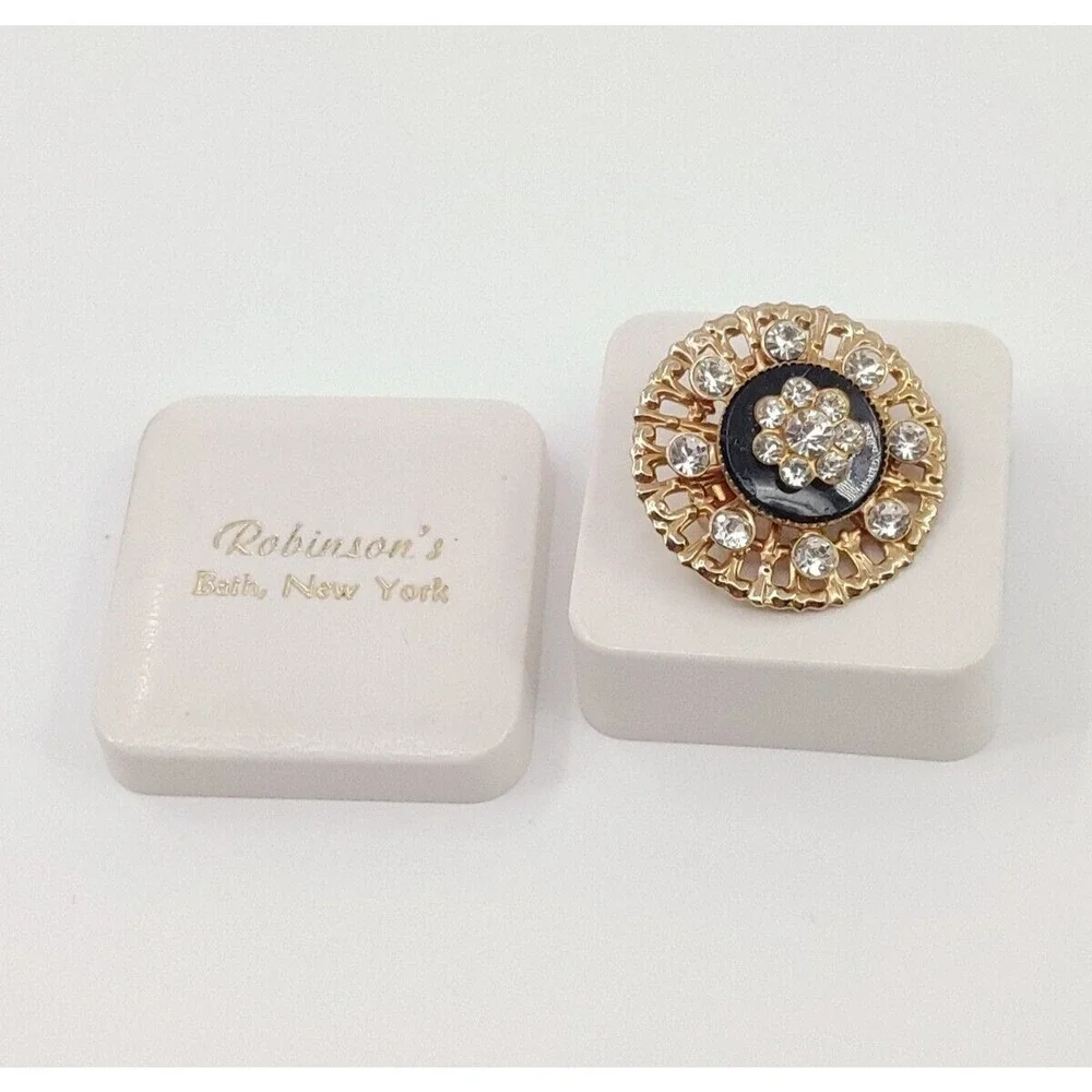 Vintage Flower‎ Brooch Pin Black Gold-Tone Rhinestone Victorian